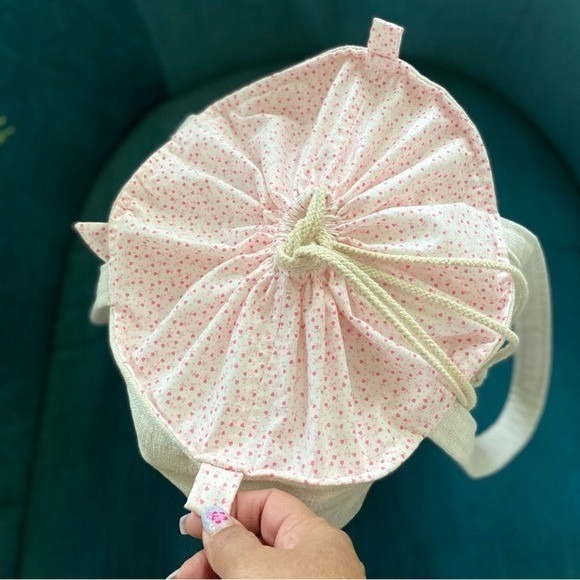 Handmade Linen Tote Bag Pink Floral Heart Drawstring Cottagecore Beige Large - Picture 2 of 10